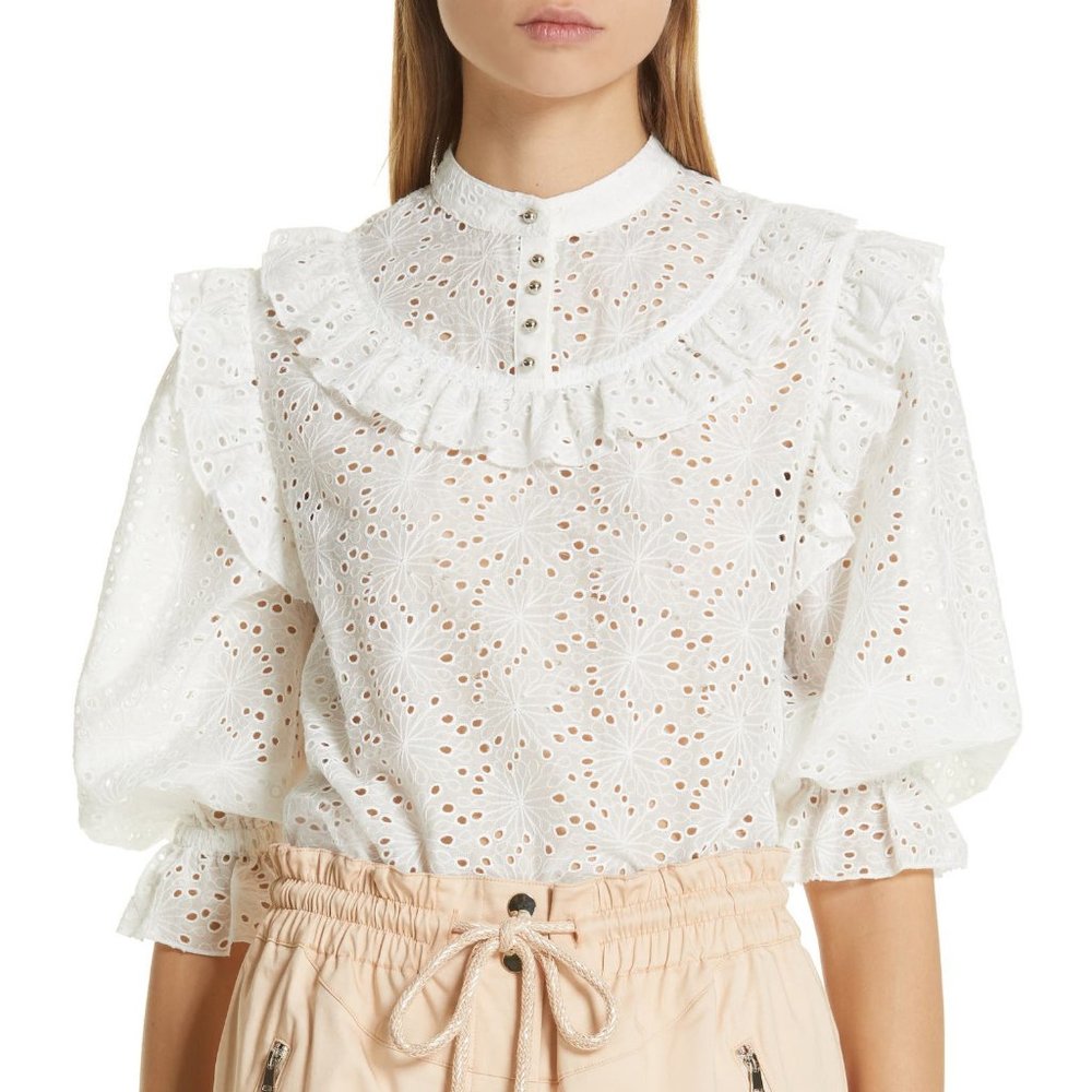 Robert Rodriguez White Bohemian Scarlett Blouse with Ruffles & Eyelets